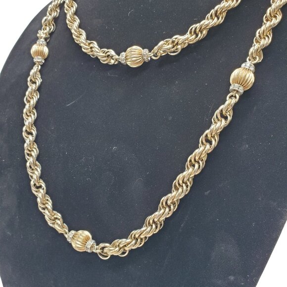 Vtg Signed Eisenberg Gold Tone Necklace Twist Chain Rhinestone Beads 50" Chunky - Picture 5 of 11